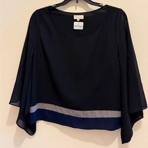 Apricot Lane Black Blouse with gray and blue accent,  draped sleeves
